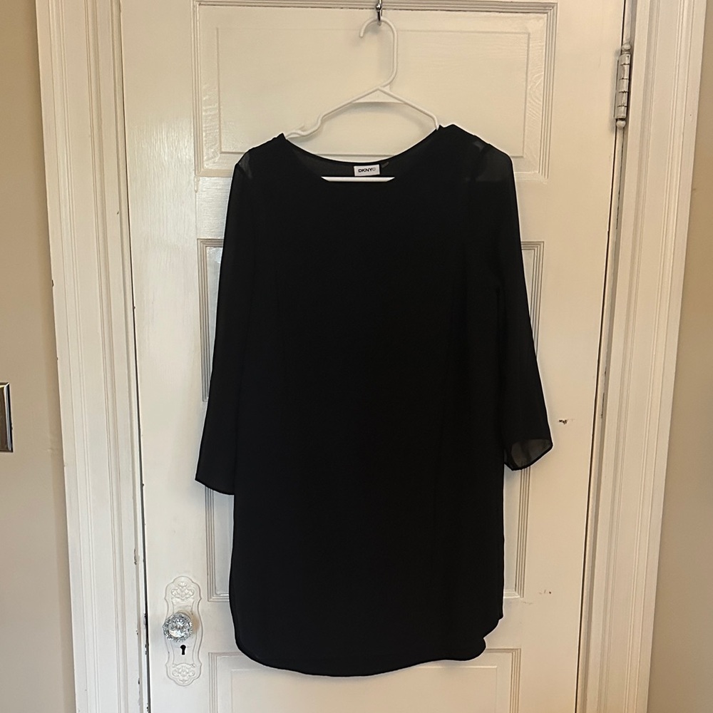 DKNY- Chic Black Long sleeve dress with sheer cutouts at shoulder Dress